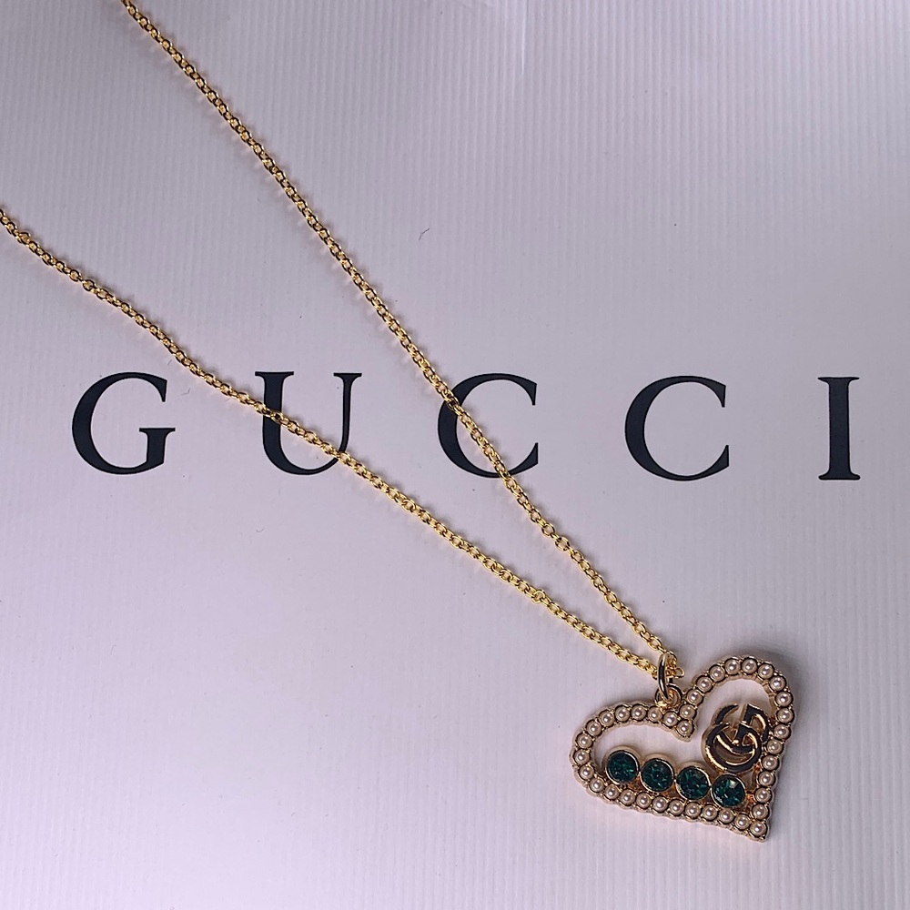 Gorgeous pearl and emerald Upcycled Gucci heart necklace